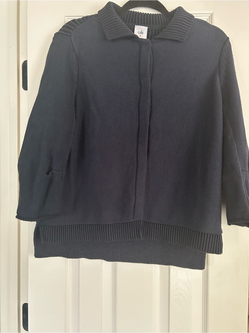 CAbi Navy Collared Knit Cardigan